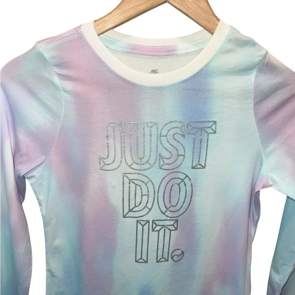 Nike Girls Just Do It Tie Dye Long Sleeve Tee Pastel Athletic Shirt Medium